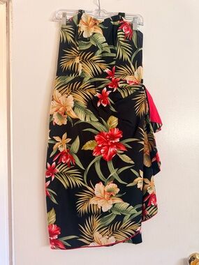 Tropical Floral Midi Dress - Black with Red & Green Floral Print - Repro